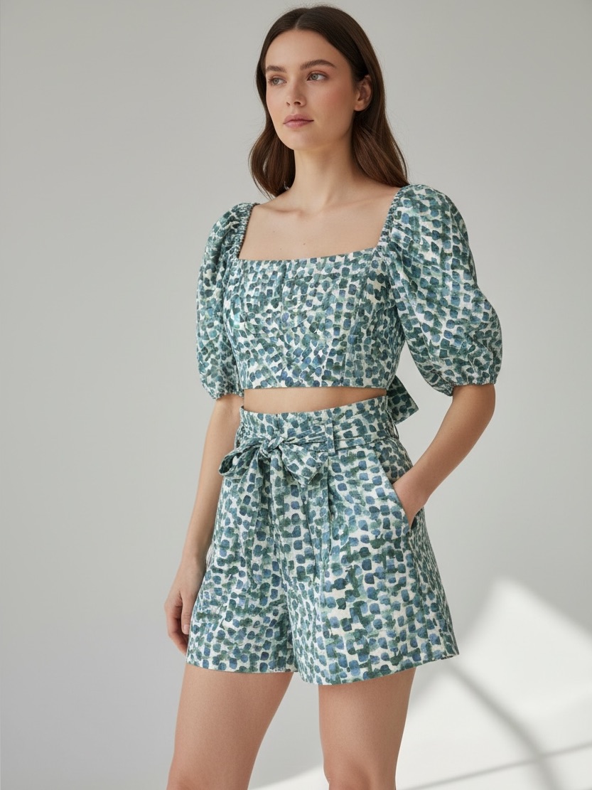 Karina Grimaldi / Set Blue Green Cream Paros Print Top & Shorts